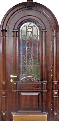 Арочная металлическая дверь массив со стеклом и ковкой ДА-50 в Королеве