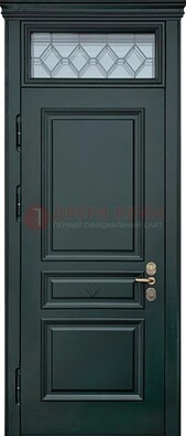 Темно-зеленая железная дверь со стеклом и верхней фрамугой ДФГ-5 в Краснознаменске