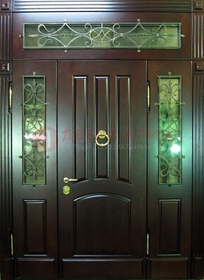 Стальная парадная дверь со стеклом и ковкой ДПР-18 для деревянного дома в Ликино-Дулево