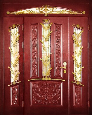 Бордовая железная парадная дверь со стеклом и ковкой ДПР-75 в Чехове