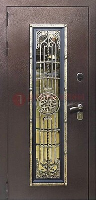 Железная дверь цвета медный антик со стеклом и ковкой ДСК-105 в Королеве