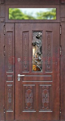 Коричневая железная дверь со стеклом и ковкой на улицу ДСК-127 в Королеве