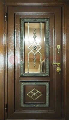 Теплая входная дверь со стеклом и ковкой разноцветной ДСК-13 в Санкт-Петербурге
