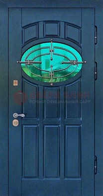 Синяя металлическая дверь со стеклом и ковкой ДСК-143 в Королеве