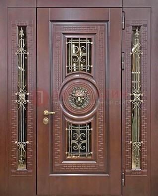 Коричневая стальная дверь со стеклом и ковкой ДСК-147 с фрамугами в Королеве