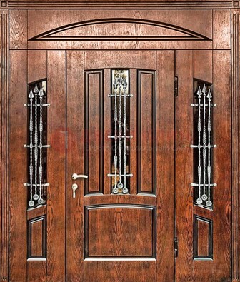 Стальная дверь со стеклом и ковкой с фрамугами ДСК-149 коричневая в Королеве