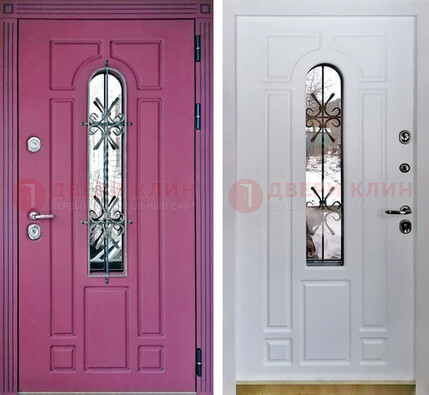 Розовая металлическая дверь со стеклом и ковкой ДСК-151 в Королеве