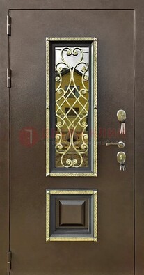 Входная дверь порошок со стеклом и ковкой для коттеджа ДСК-166 в Чебоксарах