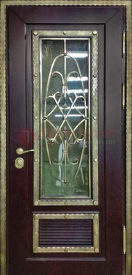 Темная уличная дверь порошок со стеклом и ковкой ДСК-167 в Павловском Посаде