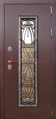 Коричневая стальная дверь порошок со стеклом и ковкой для дома ДСК-169 в Воронеже