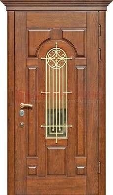 Коричневая железная дверь винорит со стеклом и ковкой ДСК-189 в Омске