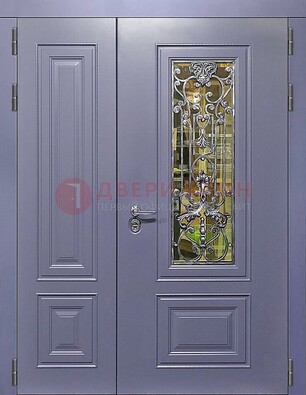 Сиреневая стальная дверь со стеклом и ковкой ДСК-199 в Сочи