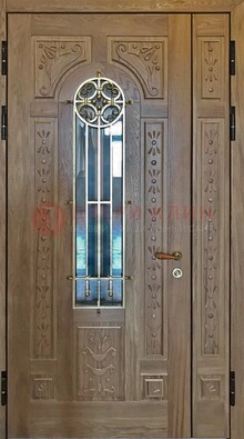 Полуторная стальная дверь стекло с ковкой и узором ДСК-200 в Королеве