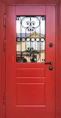 Красная железная дверь Винорит со стеклом и ковкой ДСК-205 в Павловском Посаде