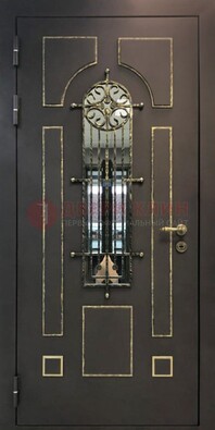 Темная входная дверь Винорит со стеклом и ковкой ДСК-211 в Королеве