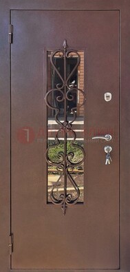 Коричневая железная дверь Порошок со стеклом и ковкой ДСК-219 в Воронеже