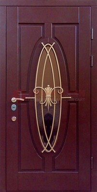 Бордовая стальная дверь Винорит со стеклом и ковкой ДСК-263 в Королеве