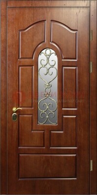 Коричневая входная дверь со стеклом и золотистой ковкой ДСК-83 в Краснознаменске