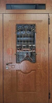 Металлическая входная дверь со стеклом и ковкой для дома ДСК-96 в Королеве