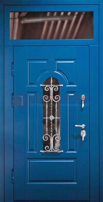 Синяя железная филенчатая дверь со стеклом и ковкой ДСК-97 в Ставрополе