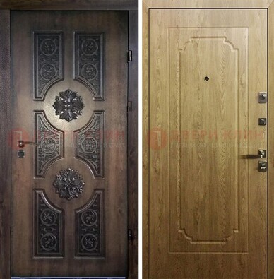 Железная коричневая дверь с виноритом и Золотой дуб внутри ДВТ-101 в Королеве