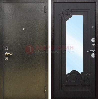 Железная темная дверь c порошковым напылением и МДФ с узором и зеркалом ДЗ-111 в Королеве