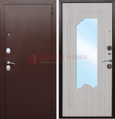 Коричневая металлическая дверь с зеркалом МДФ внутри ДЗ-33 в Королеве