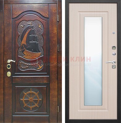Темная уличная дверь с резьбой и зеркалом внутри ДЗ-49 в Королеве