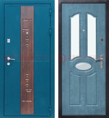 Голубая металлическая дверь МДФ с тремя зеркальными вставками ДЗ-78 в Королеве