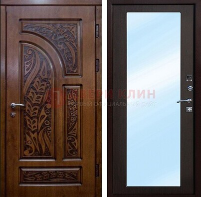 Коричневая входная дверь c узором и виноритом МДФ с зеркалом ДЗ-98 в Королеве
