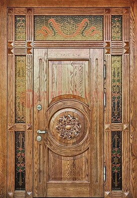 Дизайнерская стальная дверь с массивом дуба и витражом ВЖ-13 в Королеве