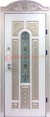 Белая железная дверь с МДФ и витражом ВЖ-26 в Королеве