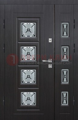 Чёрная двухстворчатая железная дверь с МДФ и витражом ВЖ-35 в Королеве