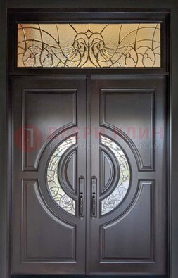 Чёрная двухстворчатая железная дверь с МДФ и витражом ВЖ-38 в Королеве