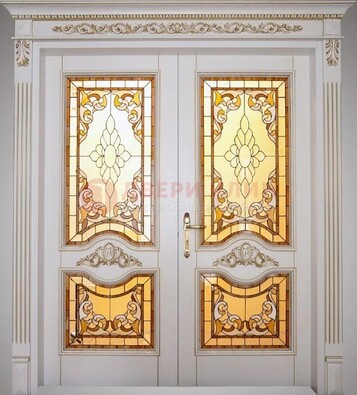 Элитная металлическая дверь с витражом и отделкой массив ВЖ-4 в Омске