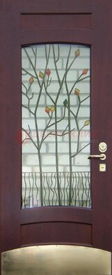 Бордовая стальная дверь с витражом и декоративным элементом ВЖ-3 в Уфе